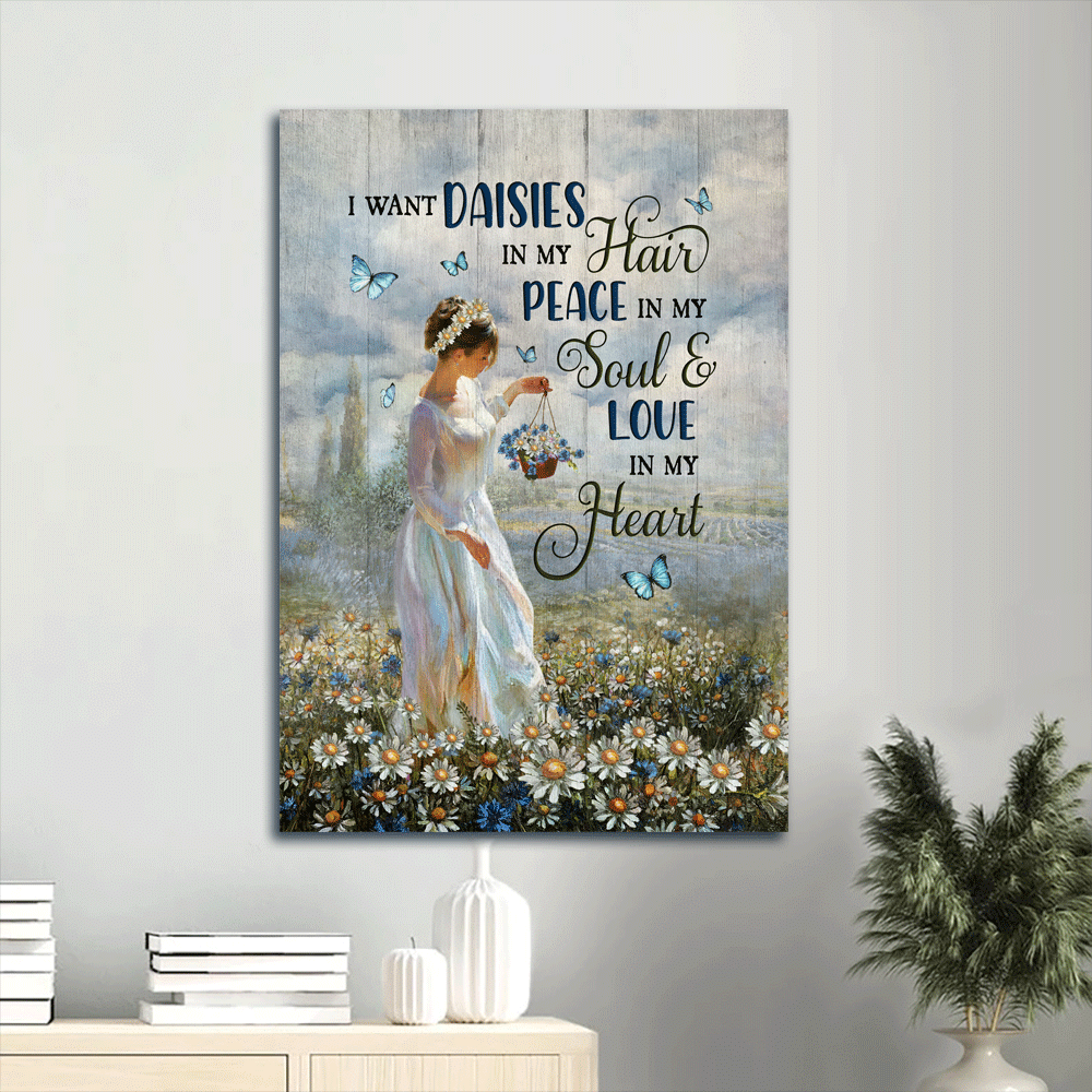 Jesus Portrait Canvas- Beautiful girl, Daisy field, Blue butterfly canvas- Gift for Christian- I want daisies in my hair