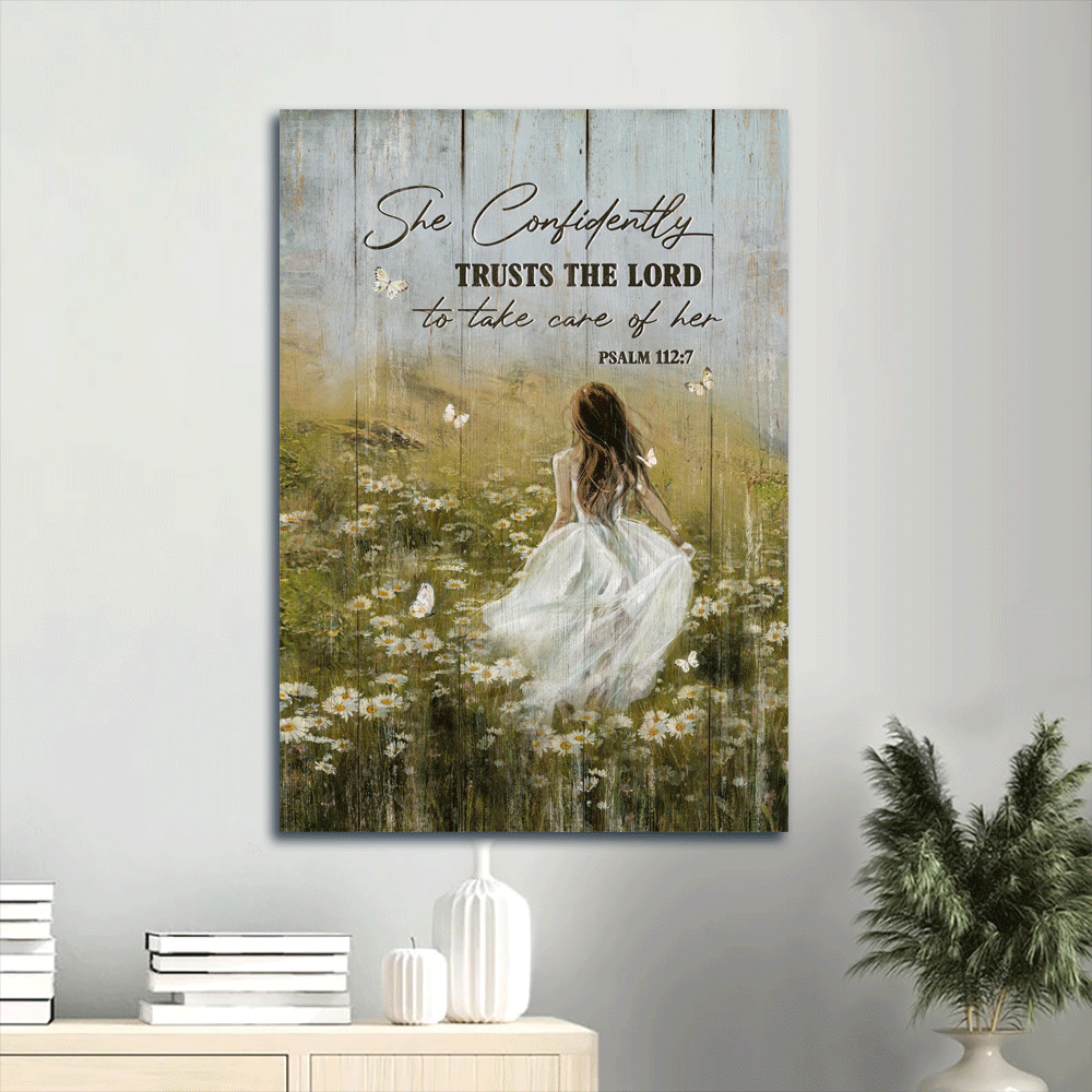 Jesus Portrait Canvas- Beautiful girl, Green flower field, White butterfly- Gift for Christian- She confidently trusts the Lord to take care of her