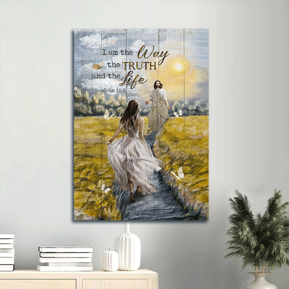 Jesus Portrait Canvas- Beautiful girl, Jesus calls, Sun sky, White butterfly- Gift for Christian- I am the way the truth and the life