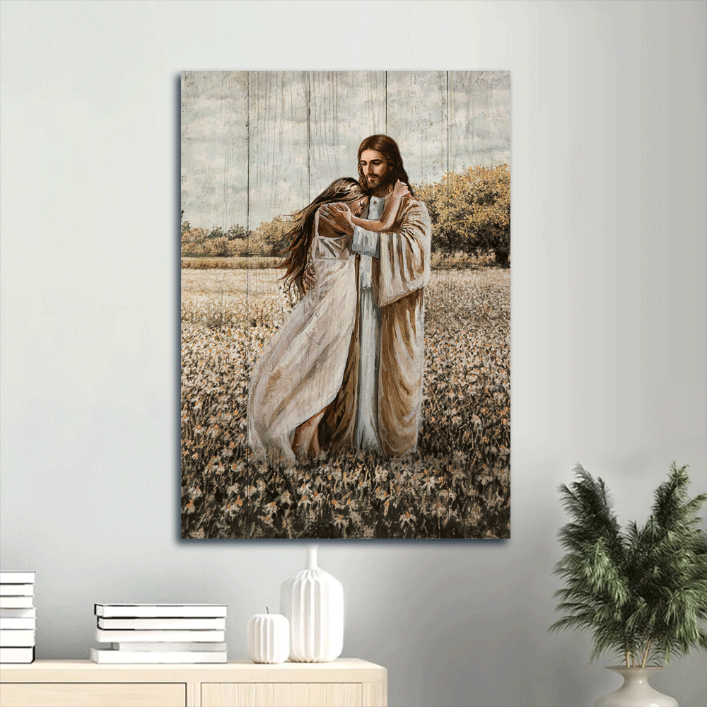 Jesus Portrait Canvas- Beautiful girl, Jesus hug, Flower field canvas, Jesus lover of my soul canvas- Gift for Christian