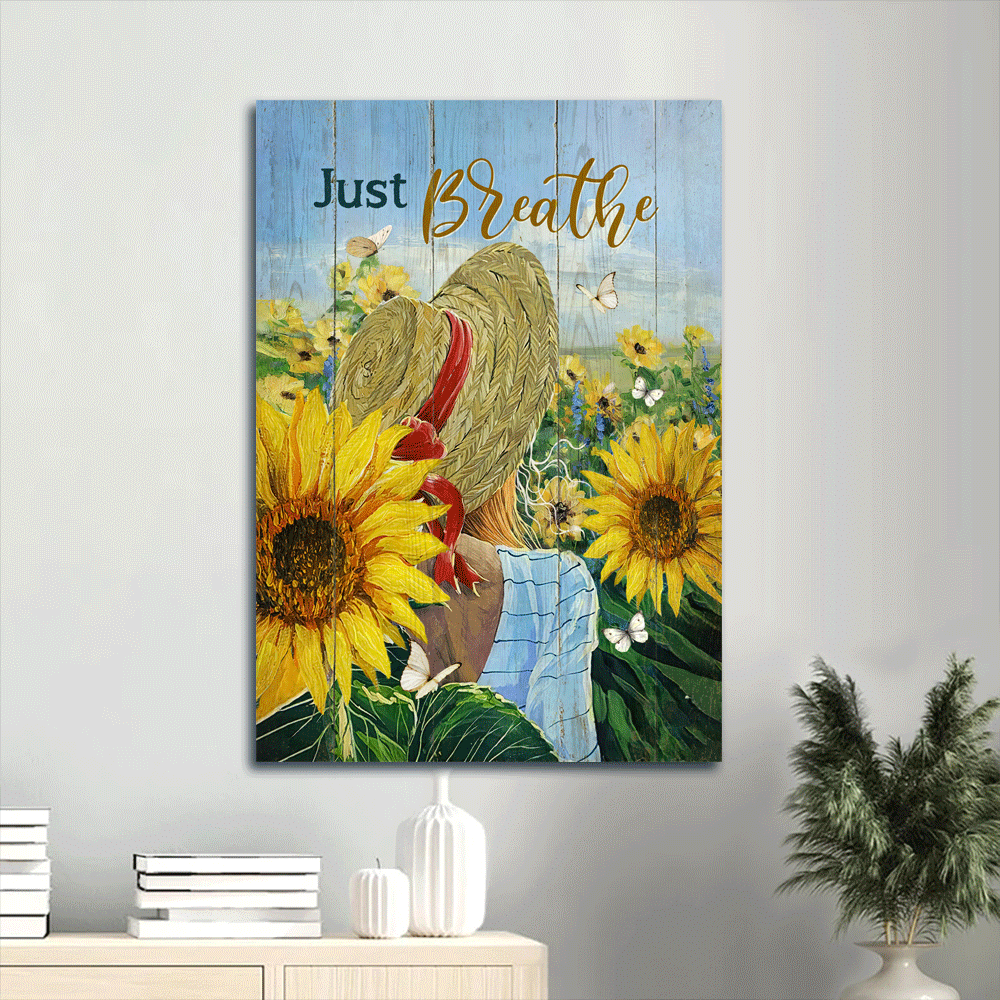 Jesus Portrait Canvas- Beautiful girl, Straw hat, Sunflower, Blue sky, Just breathe canvas- Gift for Christian