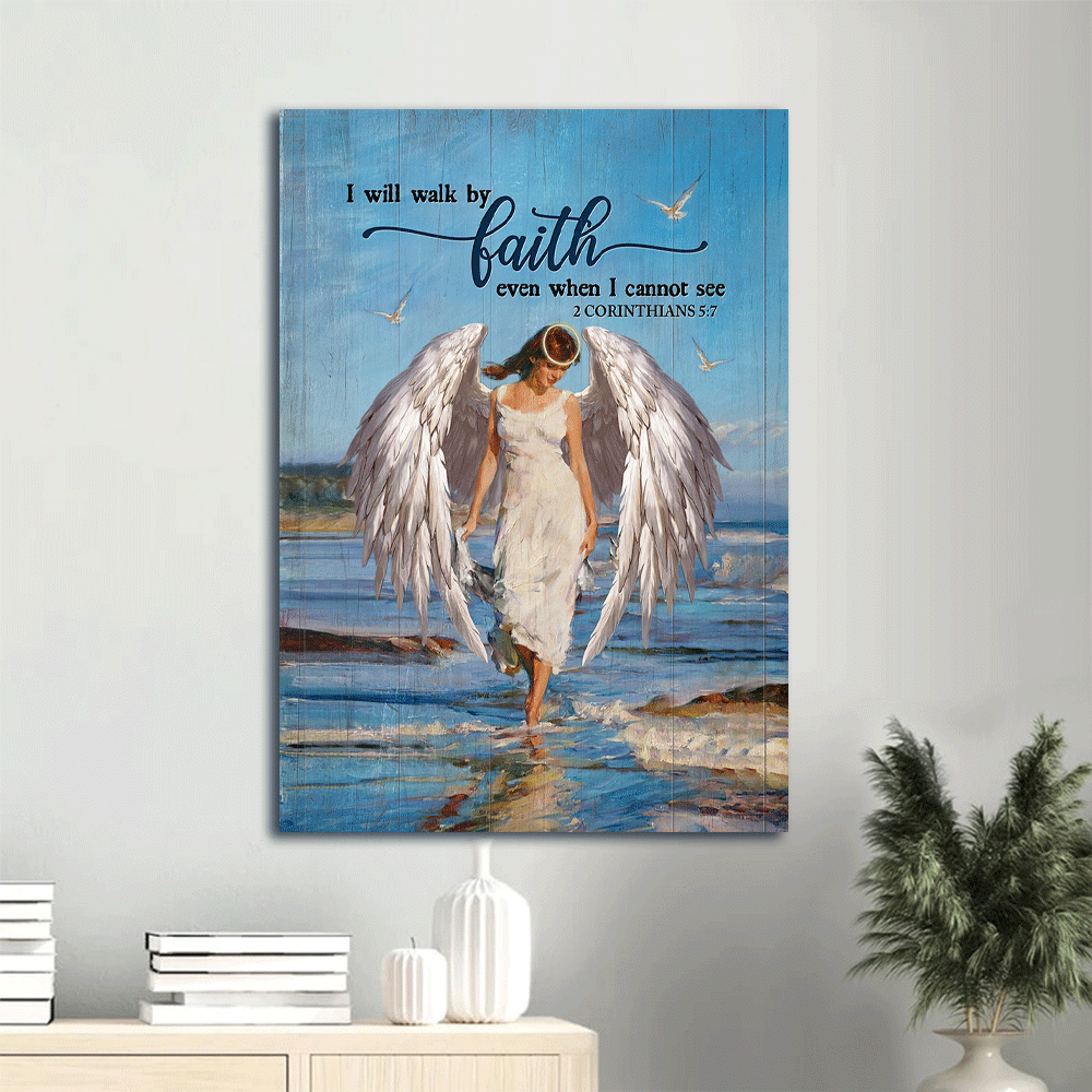 Jesus Portrait Canvas- Beautiful girl, Stunning angel wings, Ocean view canvas- Gift for Christian- I will walk by faith