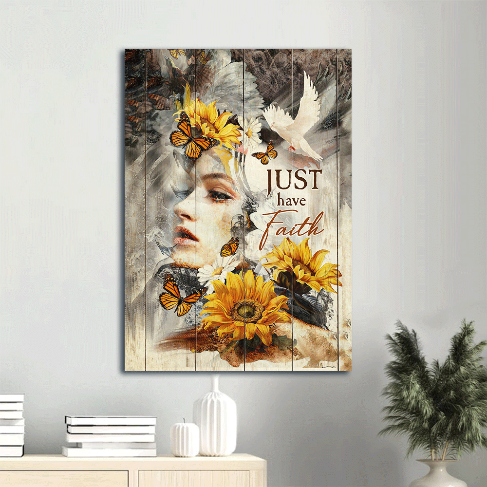 Jesus Portrait Canvas- Beautiful girl, Sunflower drawing, Flying dove canvas- Gift for Christian- Just have faith