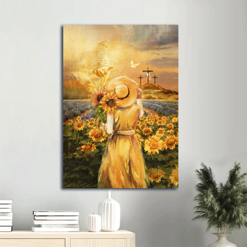 Jesus Portrait Canvas- Beautiful girl, Sunflower field, Jesus hand, Cross symbol canvas- Gift for Christian