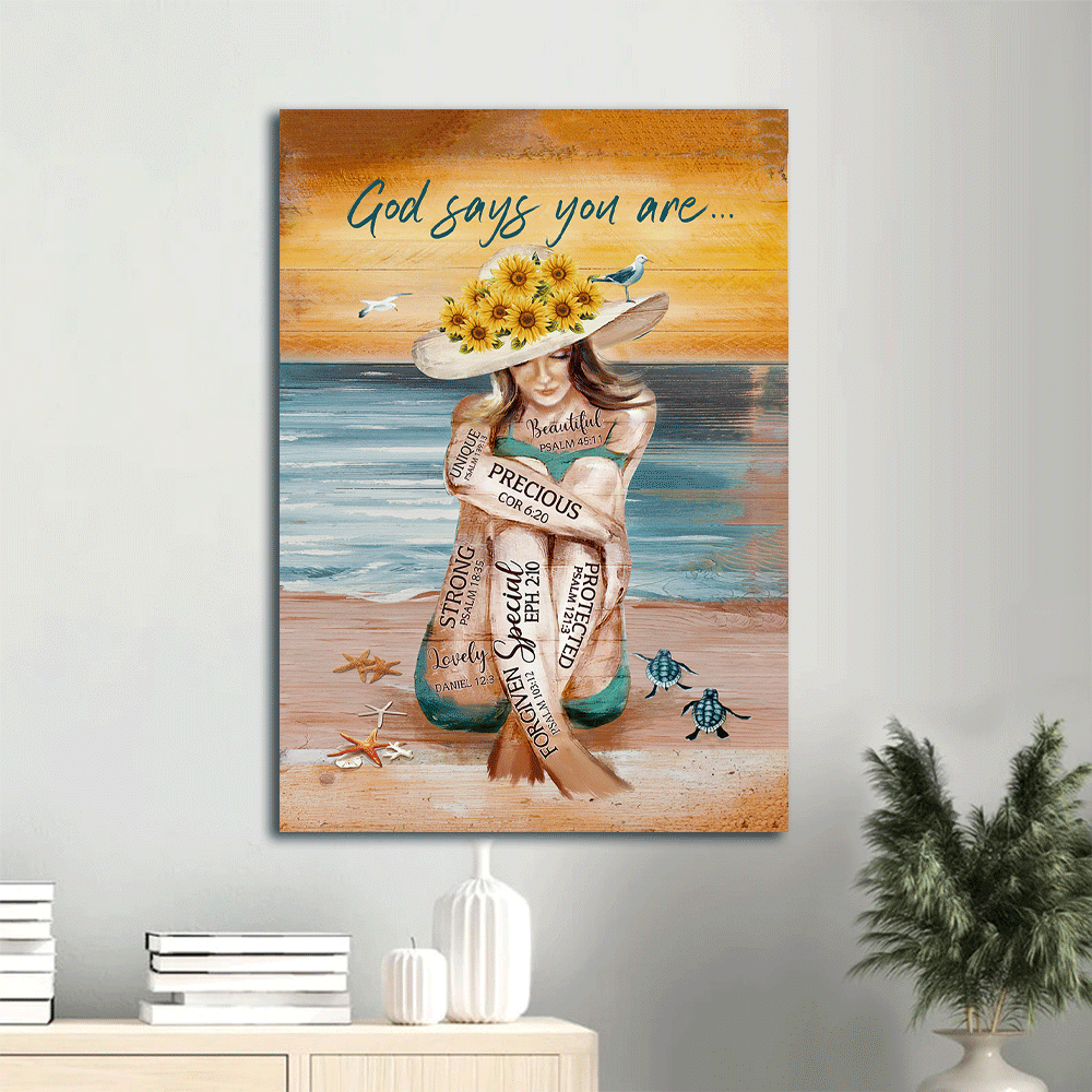 Jesus Portrait Canvas- Beautiful girl, Sunflower hat, On the beach canvas, God says you are canvas- Gift for Christian