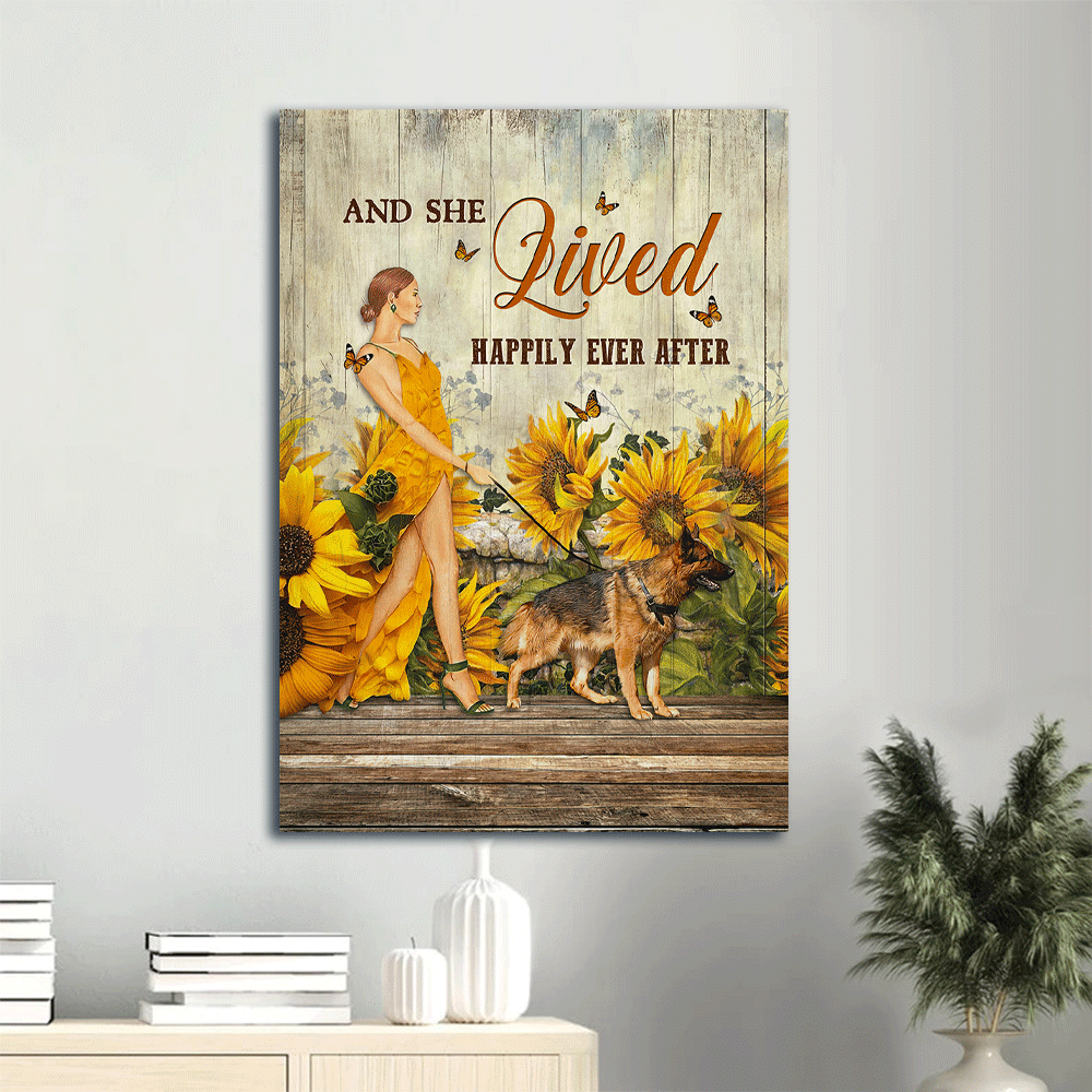 Jesus Portrait Canvas- Beautiful girl, Yellow dress, German shepherd canvas- Gift for Christian, Dog lover- And she lived happily