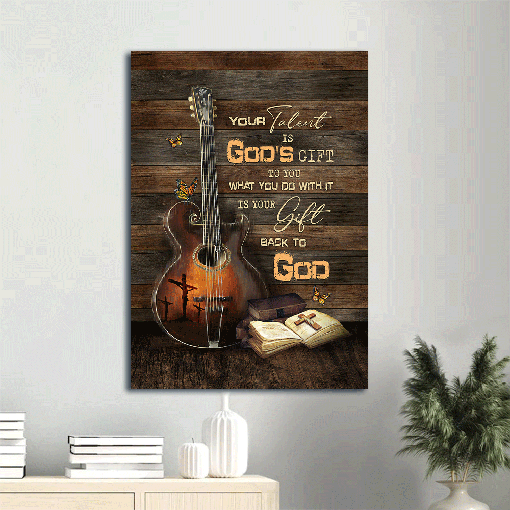 Jesus Portrait Canvas- Beautiful guitar, Antique bible, Butterfly canvas- Gift for Christian- Your talent is God's gift to you