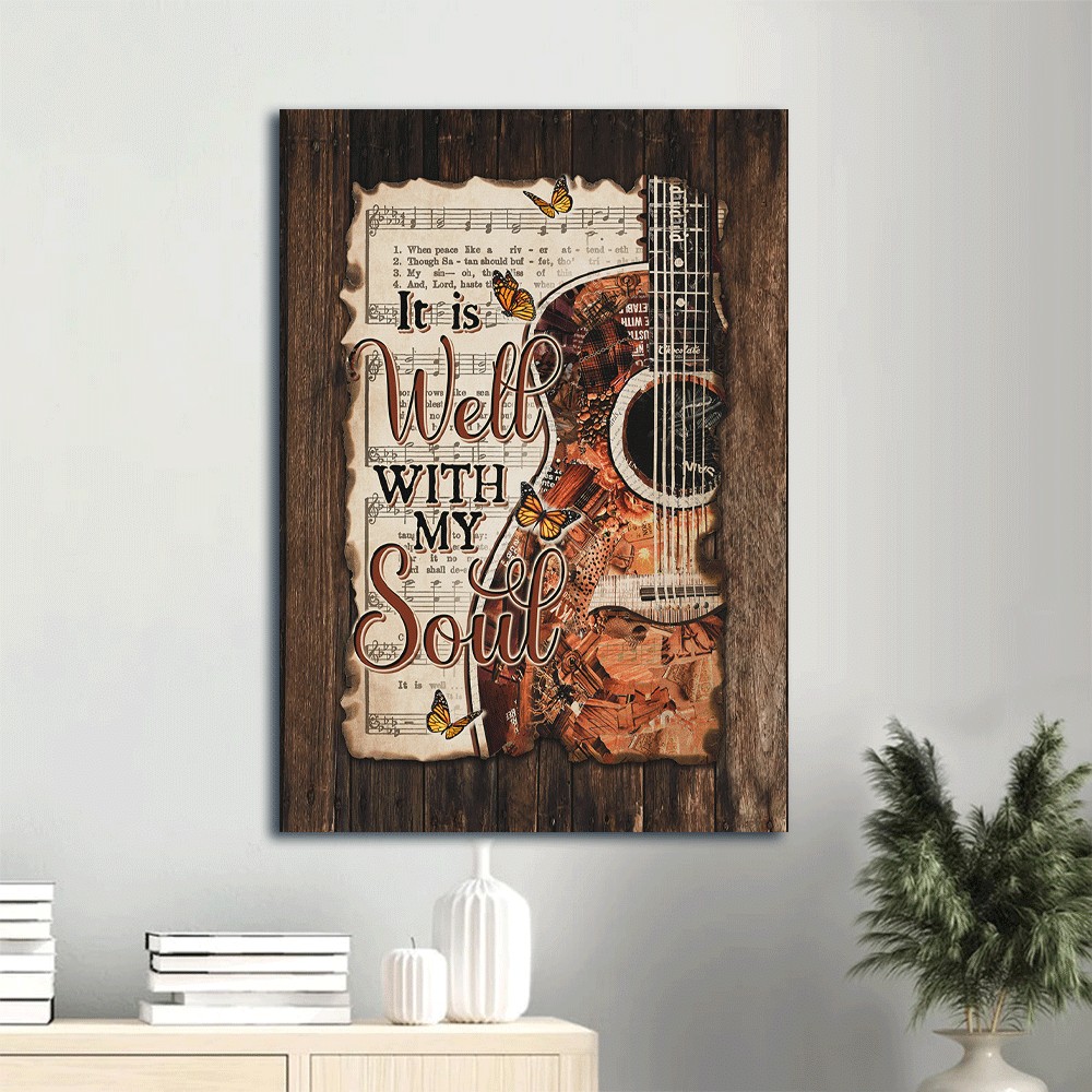 Jesus Portrait Canvas- Beautiful guitar, Monarch butterfly, Music sheet canvas- Gift for Christian- It is well with my soul