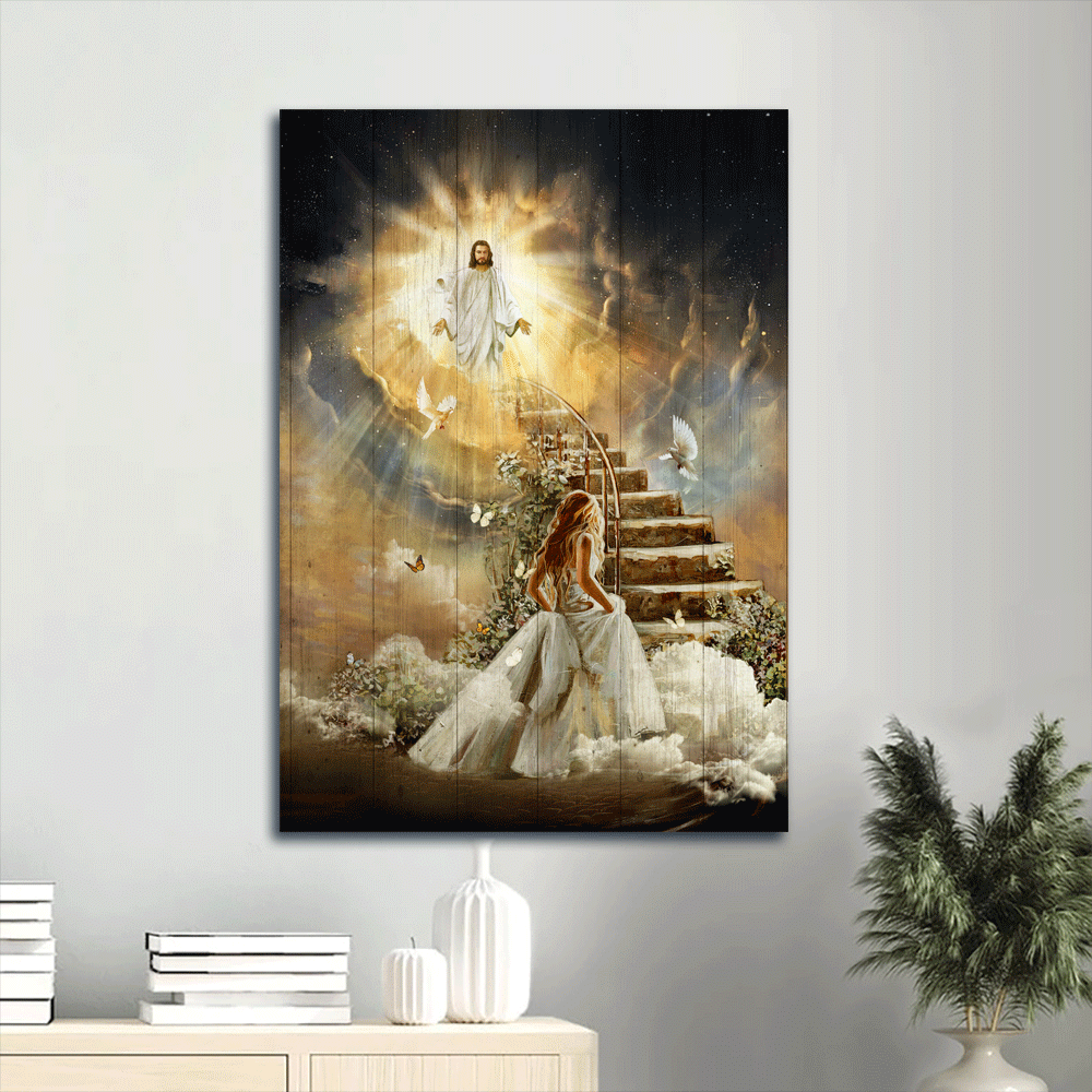 Jesus Portrait Canvas- Beautiful heaven, Holy spirit dove, Jesus painting, Stair to heaven, Welcome home - Gift for Christian