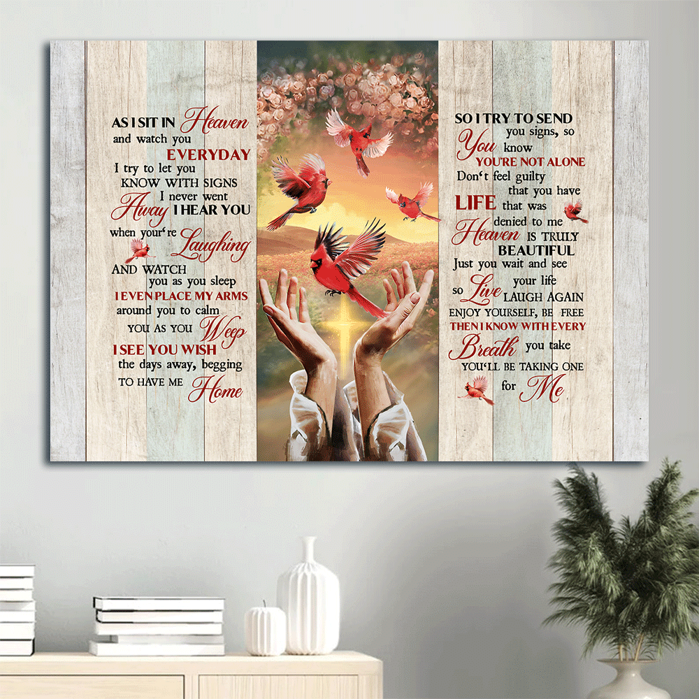 Heaven Landscape Canvas - Beautiful cardinal, Rose background, Pretty sunset Landscape Canvas - Memorial Gift For Family Members - As I sit in heaven