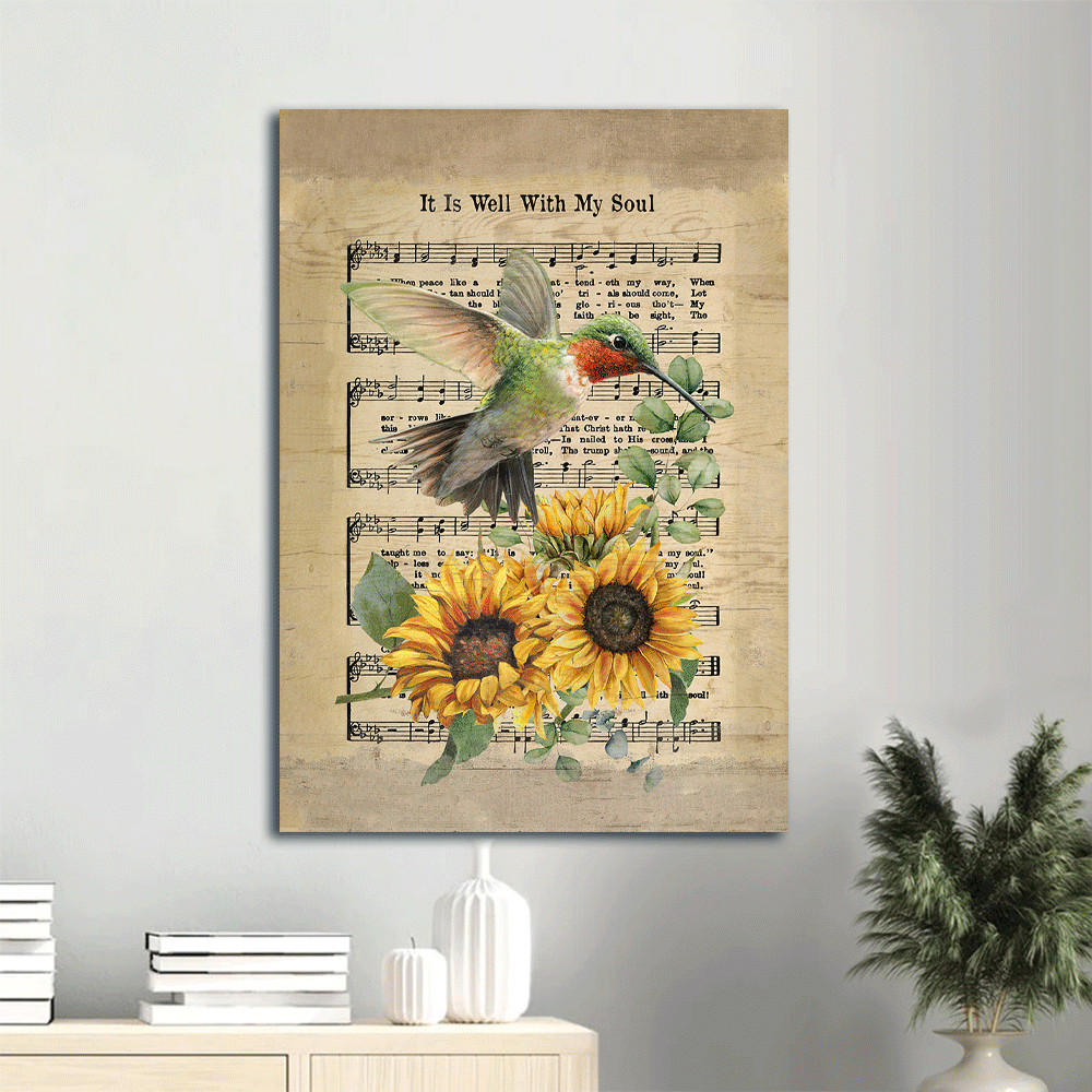 Jesus Portrait Canvas- Beautiful hummingbird, Brilliant sunflower, Music sheet canvas- Gift for Christian- It is well with my soul