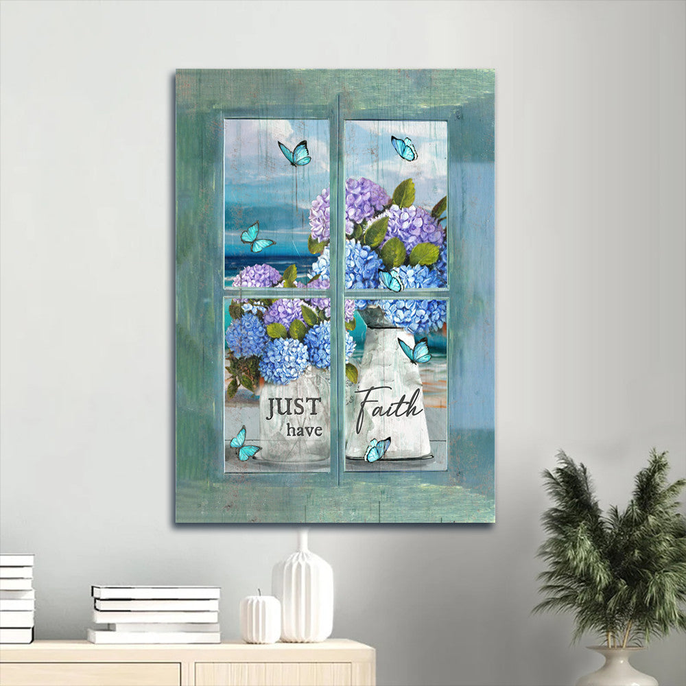 Jesus Portrait Canvas- Beautiful hydrangea, Blue ocean, Pretty butterfly canvas- Gift for Christian- Just have faith