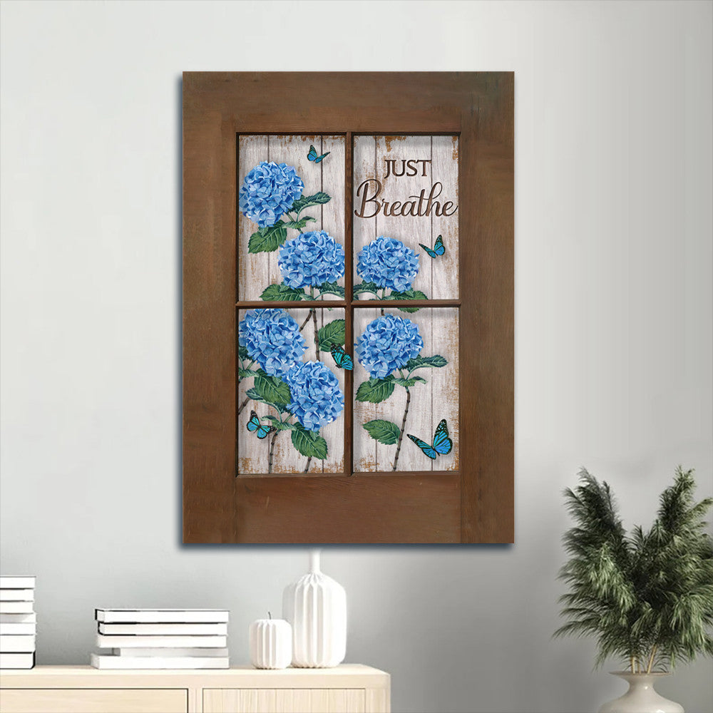 Jesus Portrait Canvas- Beautiful hydrangeas, Blue flower, Monarch butterfly canvas- Gift for Christian- Just breathe