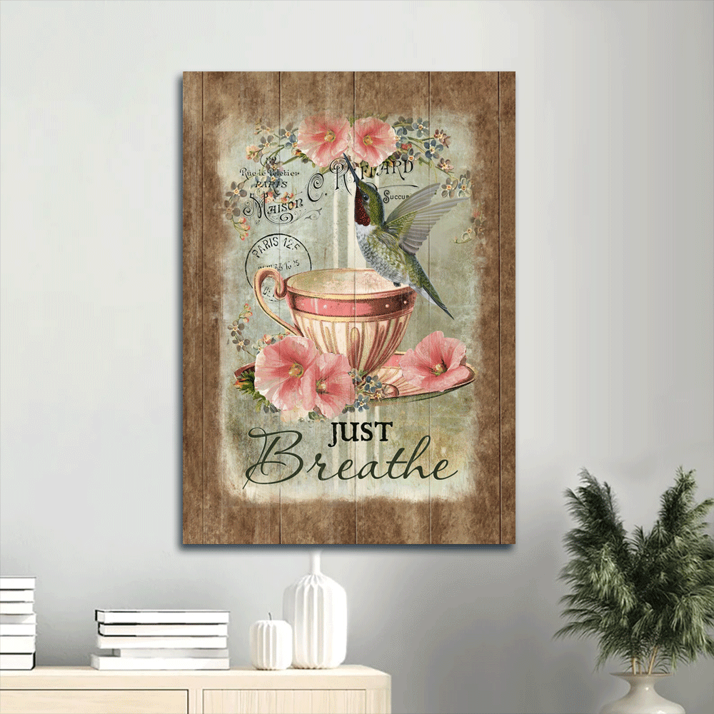 Jesus Portrait Canvas- Abstract Hummingbird, Tea Cup, Pink Flowers, Vintage Drawing Portrait Canvas- Gift For Christian-Just Breathe