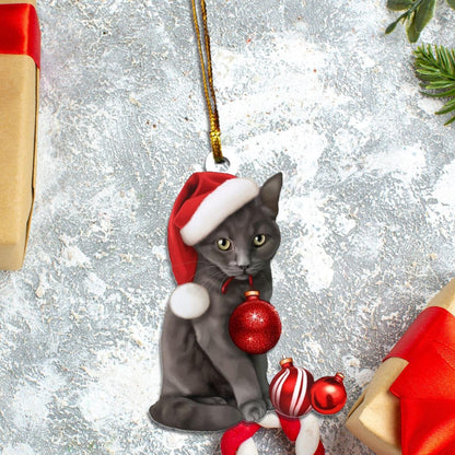 Russian Blue Cat Santa Claus Red Hat Custom Plastic Acrylic Ornaments Xmas Gifts for Family Friends