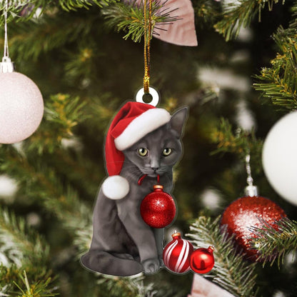 Russian Blue Cat Santa Claus Red Hat Custom Plastic Acrylic Ornaments Xmas Gifts for Family Friends