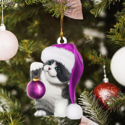 Bicolour British Shorthair Cat Santa Claus Purple Hat Christmas Custom Plastic Acrylic Ornaments Xmas Gifts for Family Friends