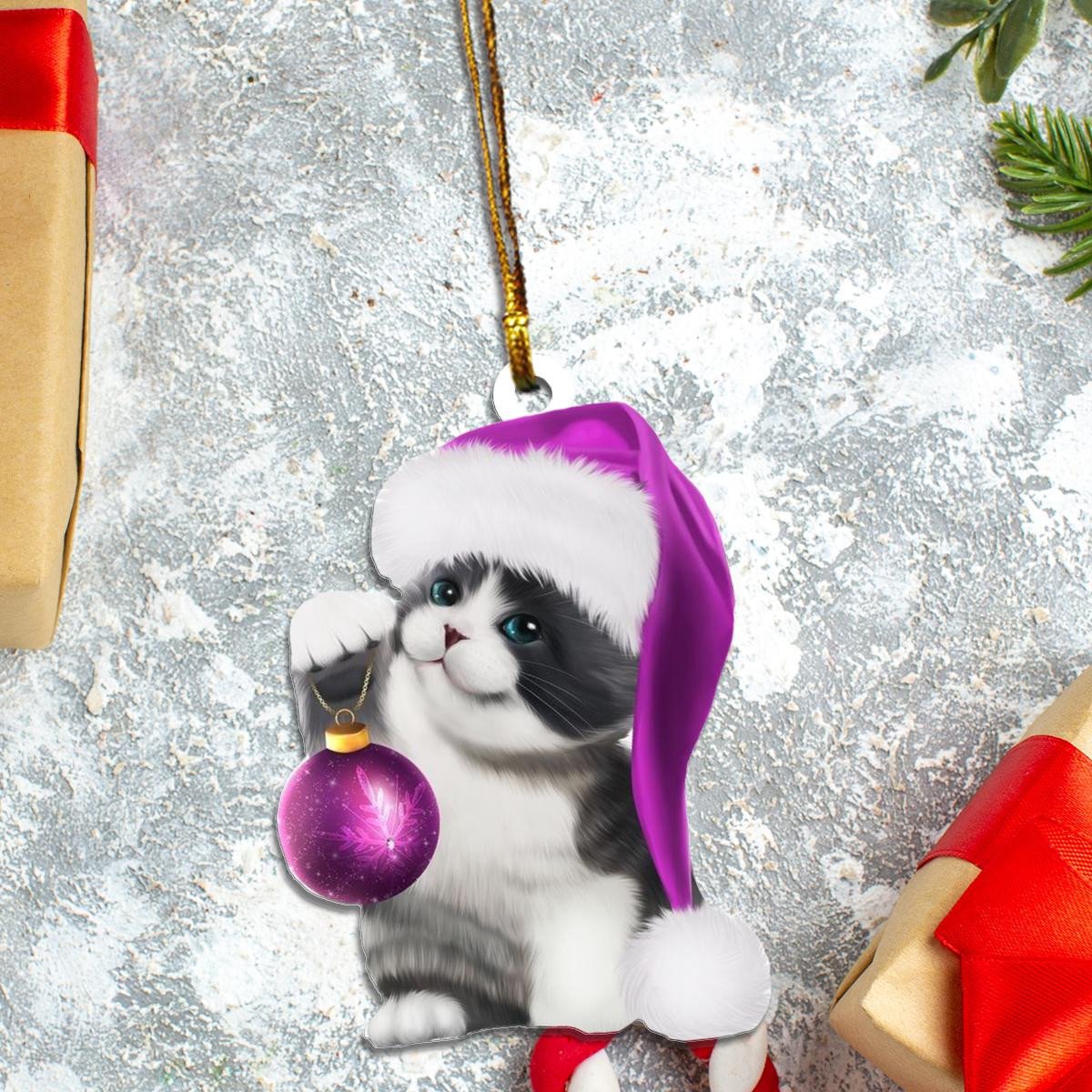 Bicolour British Shorthair Cat Santa Claus Purple Hat Christmas Custom Plastic Acrylic Ornaments Xmas Gifts for Family Friends