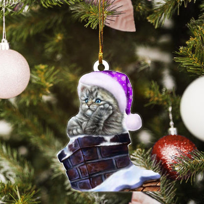 Gray Cat Santa Claus Purple Hat In Brown Chimney Custom Plastic Acrylic Ornaments Xmas Gifts for Family Friends