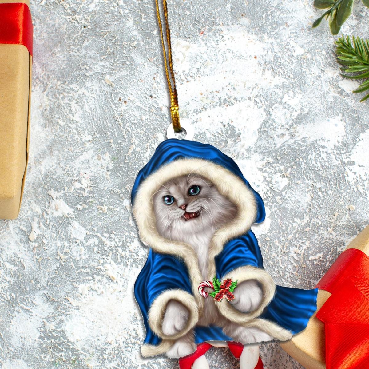 Ragdoll Cat In Blue Santa Claus Clothes Custom Plastic Acrylic Ornaments Xmas Gifts for Family Friends