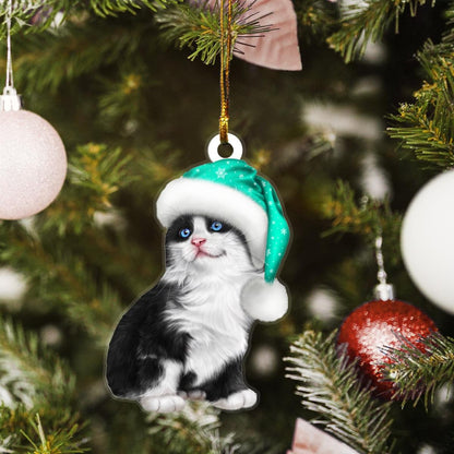 Bicolor Cat Santa Claus Green Hat Custom Plastic Acrylic Ornaments Xmas Gifts for Family Friends