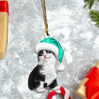 Bicolor Cat Santa Claus Green Hat Custom Plastic Acrylic Ornaments Xmas Gifts for Family Friends