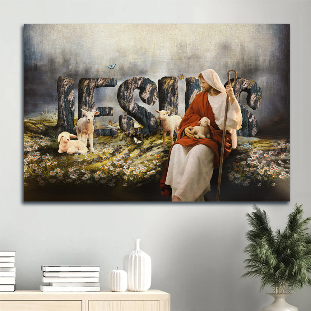 Jesus Landscape Canvas- Amazing Daisy Field, White Lamb, Jesus Drawing Landscape Canvas- Gift For Christian