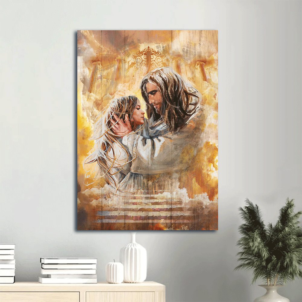 God, Faith, Jesus Landscape Canvas, Christian Wall Art - Beautiful woman, Jesus painting, Golden cloud drawing, First day in heaven Landscape Canvas - Wall Decor Framed Gift For Christian, Believe in Jesus