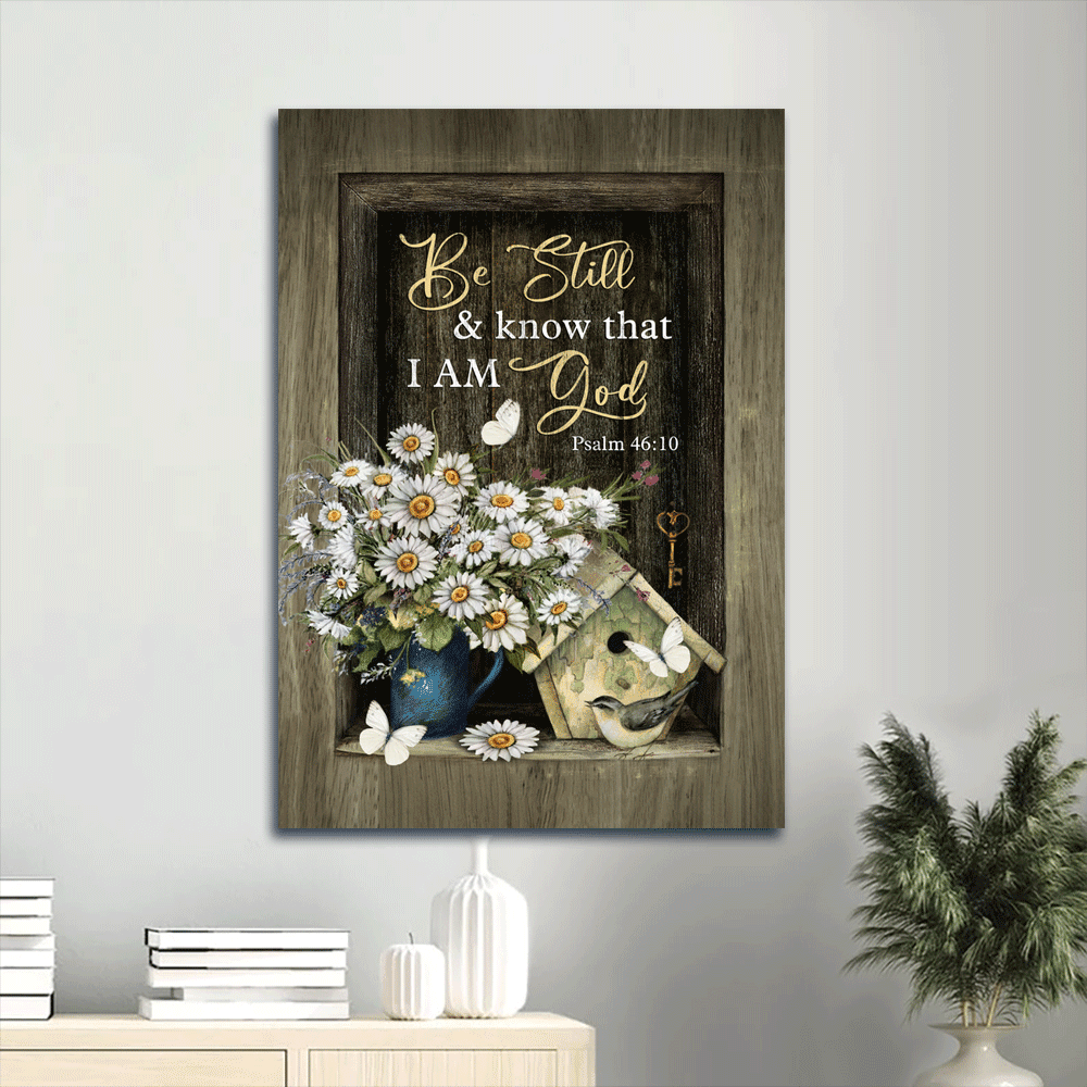 Jesus Portrait Canvas- Baby Daisy, Vintage Birdhouse, Golden Key, White Butterfly Canvas- Gift For Christian- Be Still And Know That I Am God