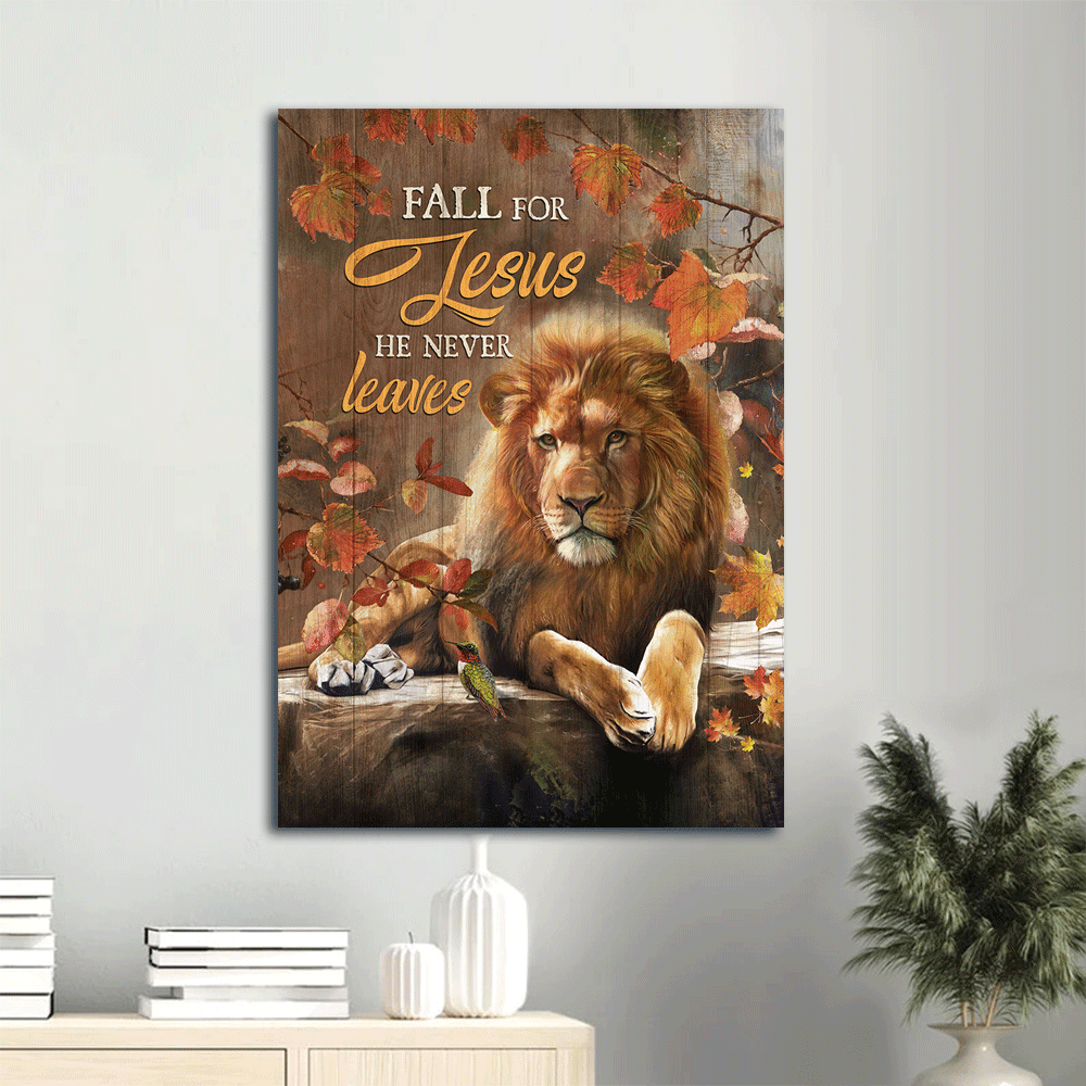 Jesus Portrait Canvas- Autumn Season, Lion Of Judah, Autumn Leaves, Fall For Jesus Portrait Canvas- Gift For Christian- He Never Leaves