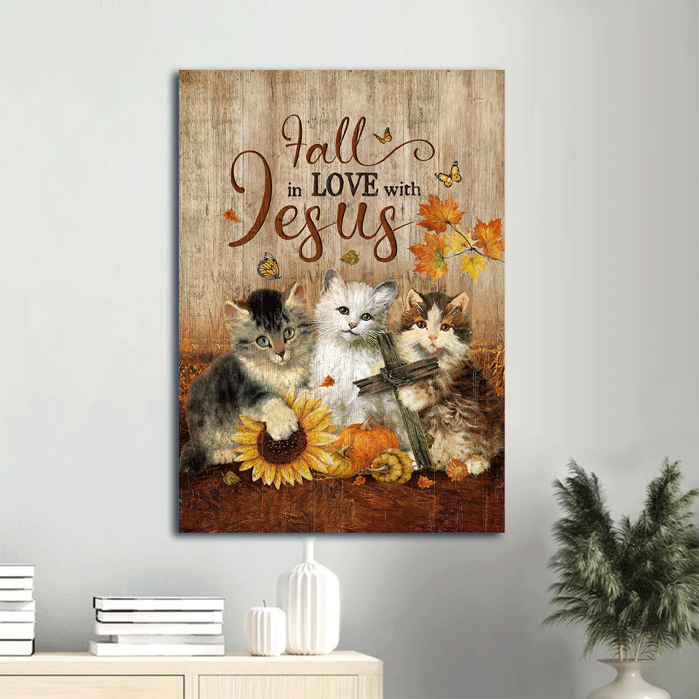 Jesus Portrait Canvas- Autumn Season, Cute Kittens, Pumpkin Drawing, Cat Painting Canvas- Gift For Christian- Fall In Love With Jesus