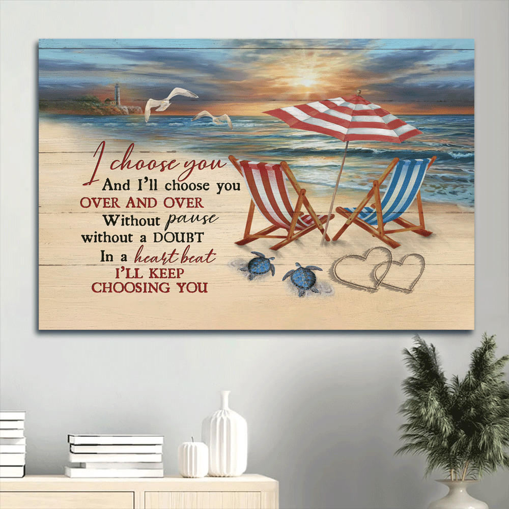 Family Landscape Canvas- Beach Scene, Beach Chairs, Sea Turtle, Heart Shape, Seagull Canvas- Gift For Members Family- I Choose You