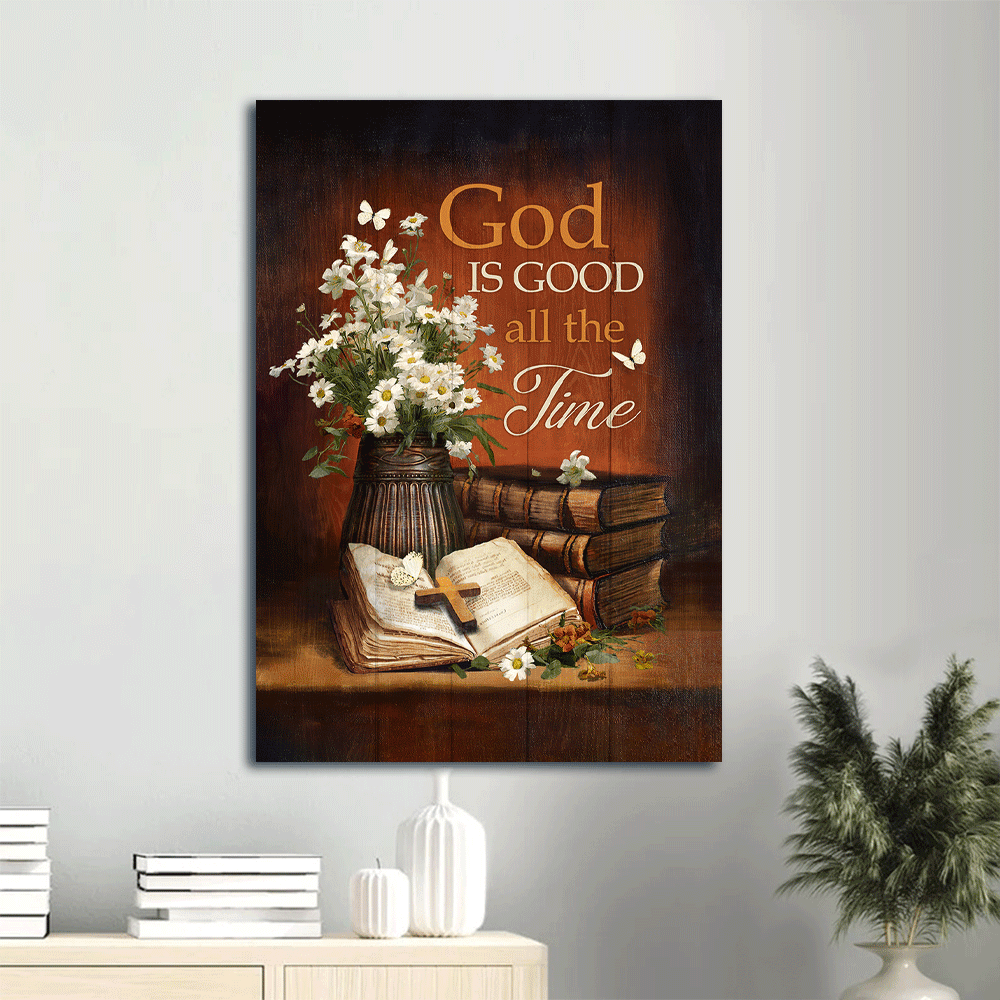 Jesus Portrait Canvas- Antique Bible, Daisy Vase, Vintage Painting, White Butterfly Canvas-Gift For Christian- God Is Good All The Time