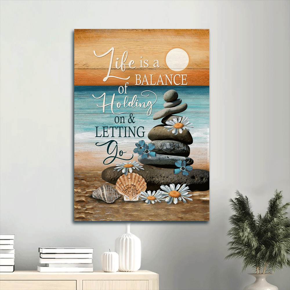 Jesus Portrait Canvas- Beach Scene, Pebble, Daisy Flower Canvas- Gift For Christian- Life Is A Balance Of Holding On And Letting Go