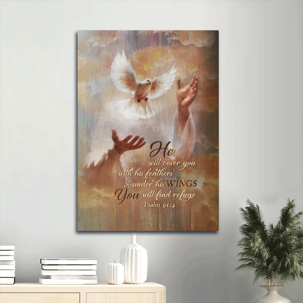 Jesus Portrait Canvas- Beautiful Dove Drawing, Jesus's Hand Canvas- Gift For Christian- He Will Cover You With His Feathers