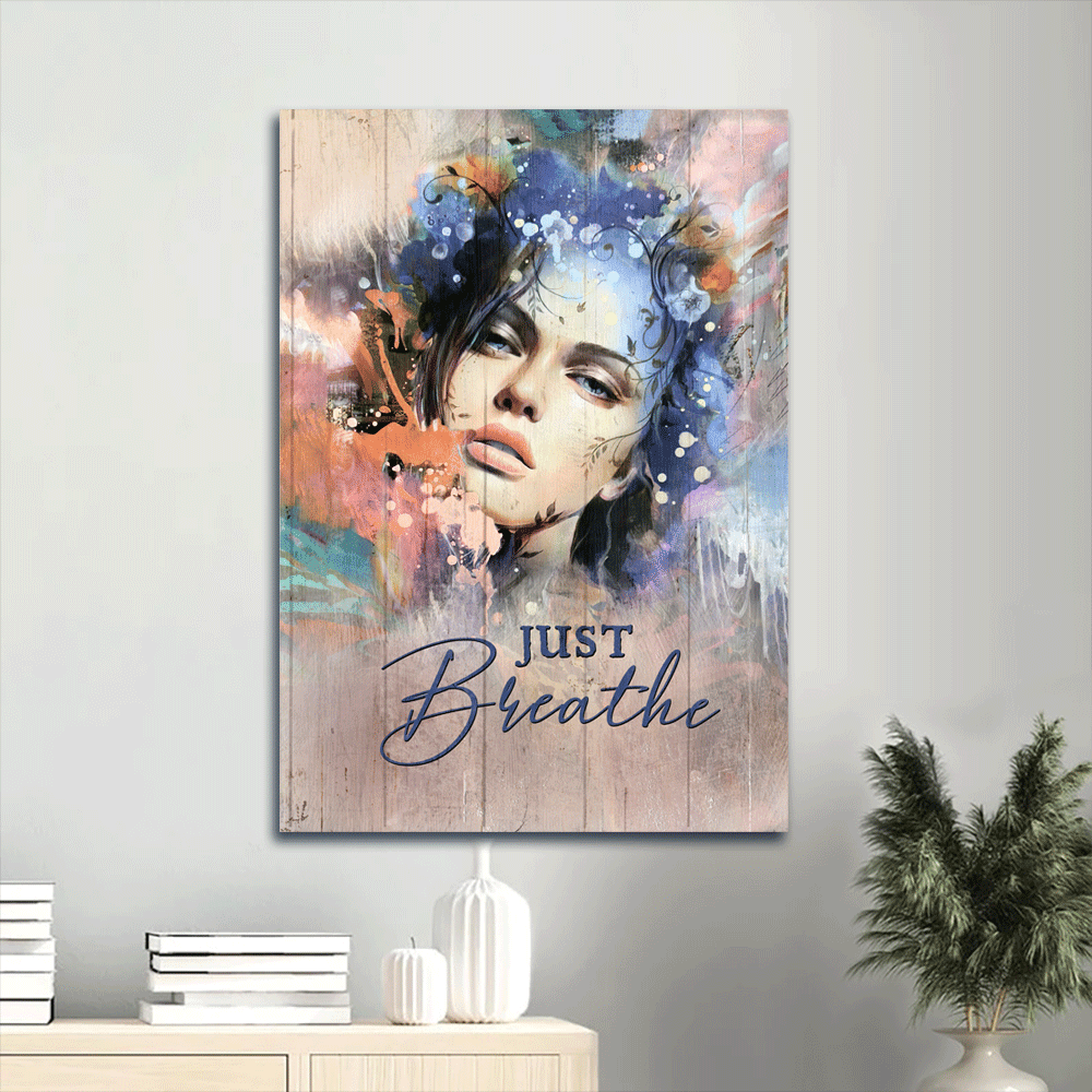 Jesus Portrait Canvas- Beautiful Face, Flower Wreath, Colorful Background, Just Breathe Canvas- Gift For Christian