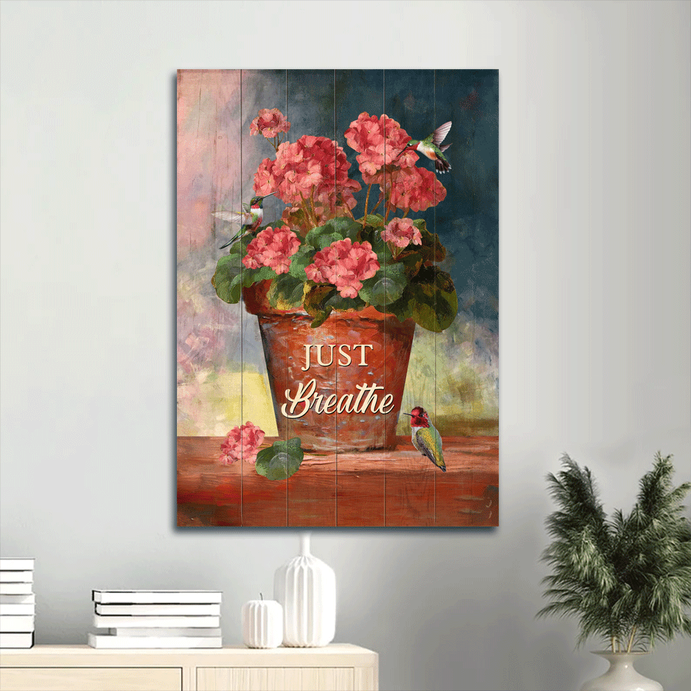 Jesus Portrait Canvas- Beautiful flowerpot, Hummingbird canvas- Gift for Christian- Just breathe