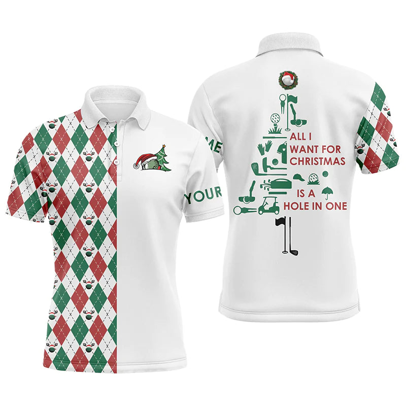 Golf Men Polo Shirt, Custom Name Funny Christmas Tree All I Want For Christmas Is A Hole In One Apparel - Personalized Sports Gift For Men, Golf Lover