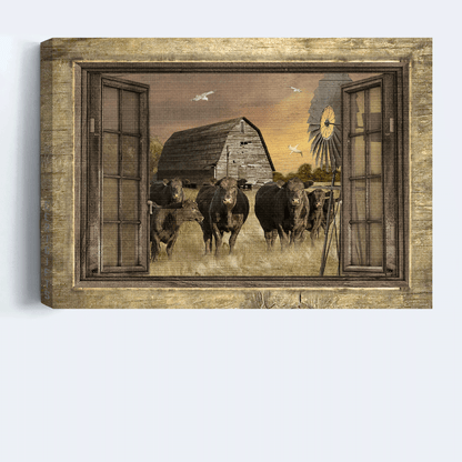 Farm Landscape Canvas - Old barn painting, Aberdeen Angus, Countryside Landscape, Windmill Landscape Canvas - Gift For Farmer Landscape Canvas