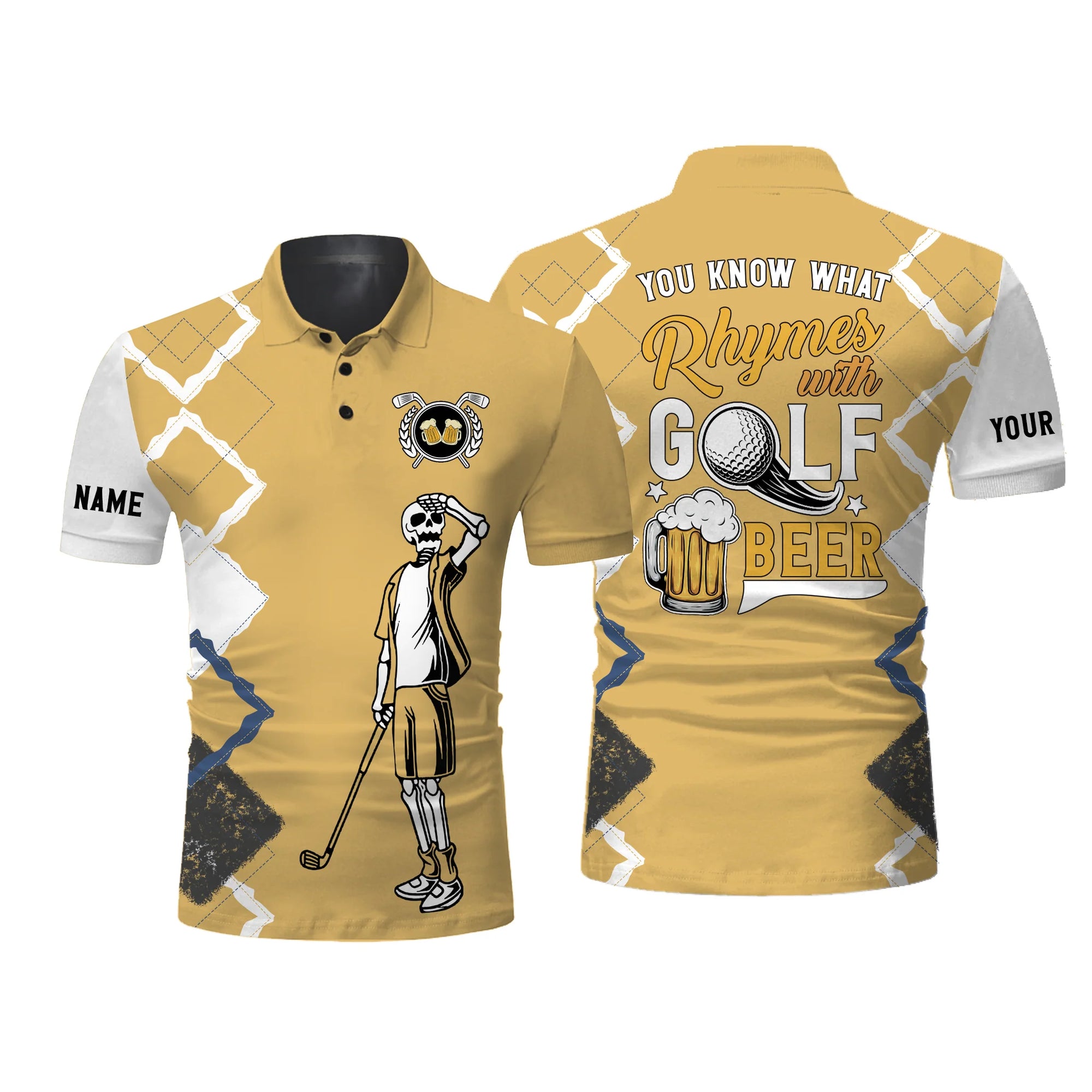 Golf Men Polo Shirt, Custom Name Funny Golf Skull, You Know What Rhymes With Golf Beer Apparel - Personalized Sports Gift For Men, Golf Lover