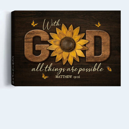 Jesus Landscape Canvas- Pretty sunflower, Orange butterfly canvas- Gift for Christian- With God all things are possible - Landscape Canvas Prints, Christian Wall Art
