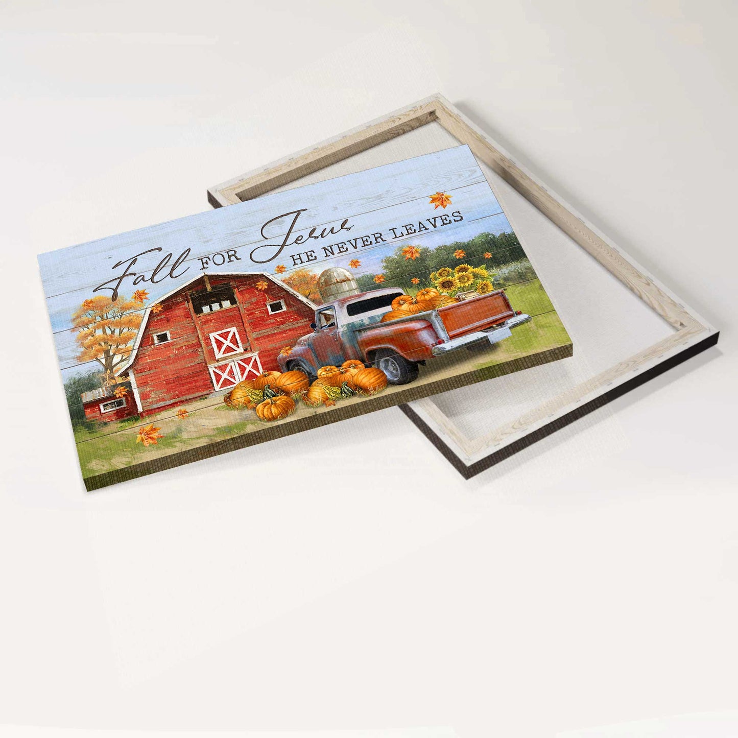 Jesus Landscape Canvas- Red barn, Pumpkins field, Lively countryside, Sunflower canvas- Gift for Christian- Fall for Jesus, he never leaves - Landscape Canvas Prints, Wall Art