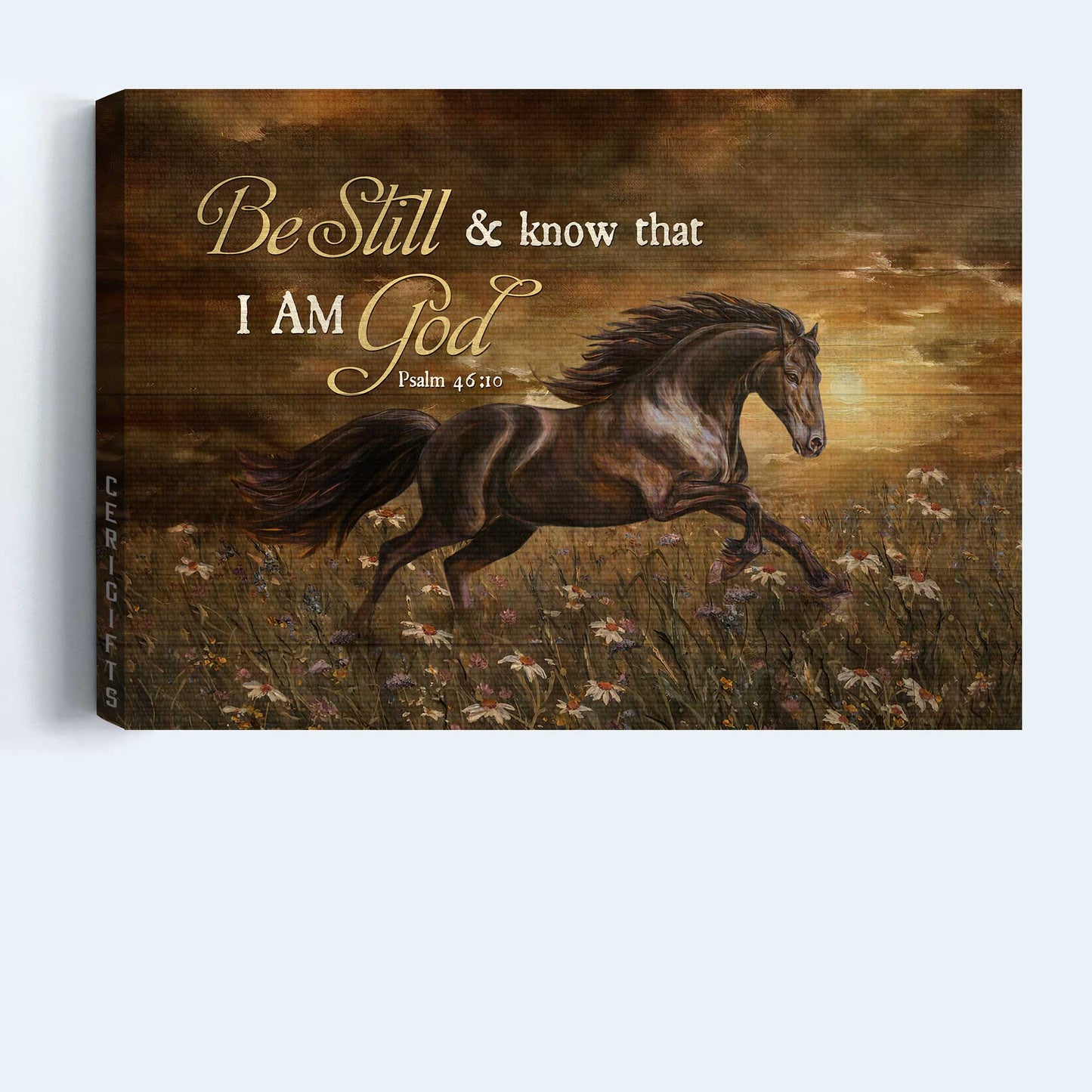 Jesus Landscape Canvas- Running horse, Daisy field, Dark cloud- Gift for Christian- Be still and know that I am God - Landscape Canvas Prints, Christian Wall Art