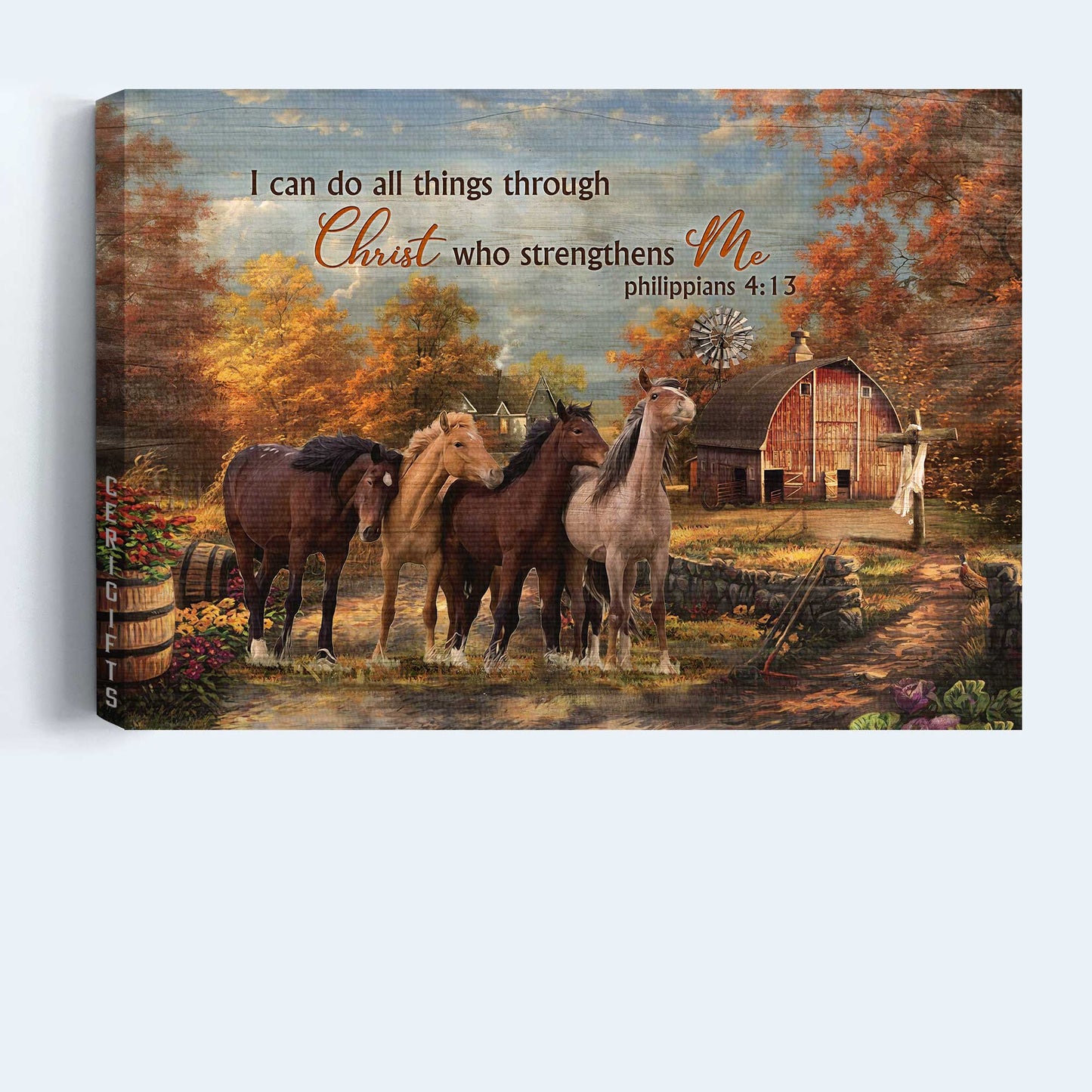 Jesus Landscape Canvas- Running horses, Autumn forest, Blue sky- Gift for Christian- I can do all things through Christ who strengthens me - Landscape Canvas Prints, Christian Wall Art