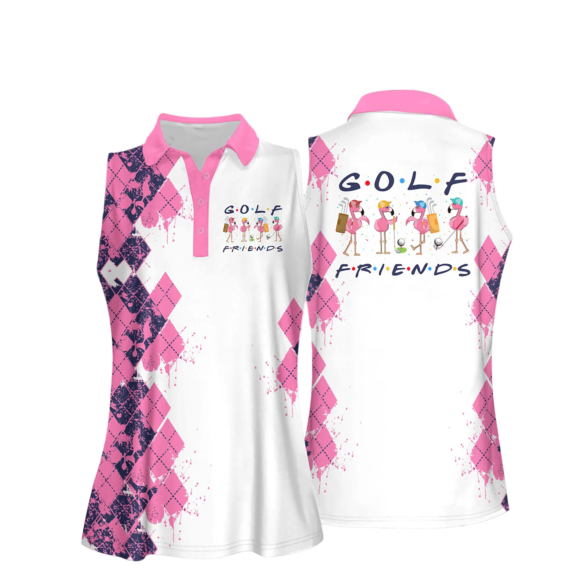 Golf Women Sleeveless Athleisure Polo Shirt, Golf Friends Flamingo Argyle Sleeveless Polo Shirt - Gift For Mother's Day, Golfers, Female