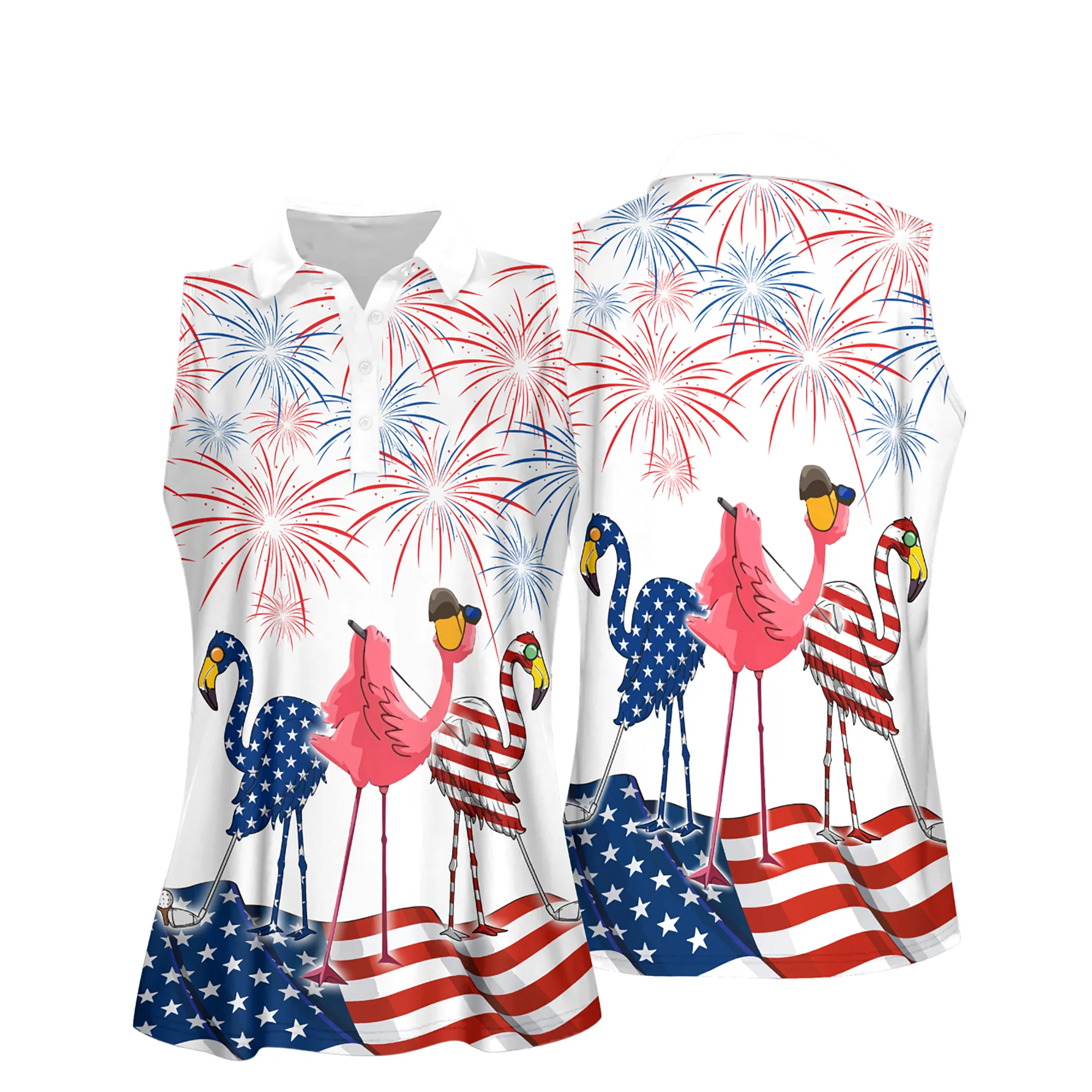 Golf Women Sleeveless Athleisure Polo Shirt, 4th Of July Patriotic Funny Flamingo Sleeveless Polo Shirt - Gift For Mother's Day, Golfers, Female