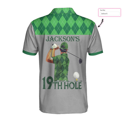 19th Hole Custom Men Polo Shirt, Green Argyle Pattern Golf Shirt For Men, Personalized Golf Gift For Golfers