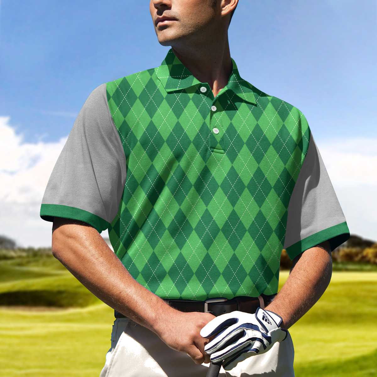 19th Hole Custom Men Polo Shirt, Green Argyle Pattern Golf Shirt For Men, Personalized Golf Gift For Golfers