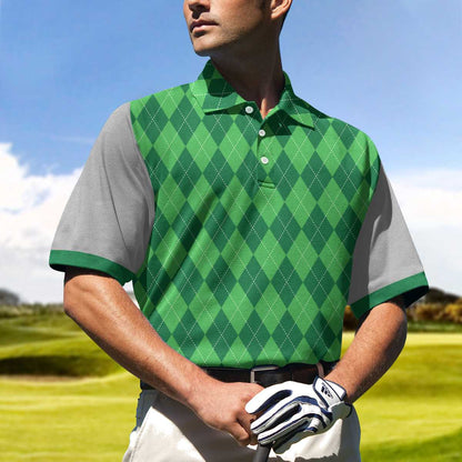 19th Hole Custom Men Polo Shirt, Green Argyle Pattern Golf Shirt For Men, Personalized Golf Gift For Golfers