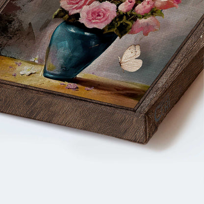 Memorial Portrait Canvas- Brilliant pink rose vase, Still life painting, Butterfly canvas- Gift for members family- A big piece of my heart lives in heaven